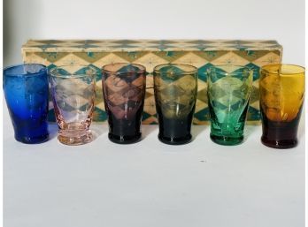 Mid Century New In Box Colorful Etched Glass Shot Glasses (japan)