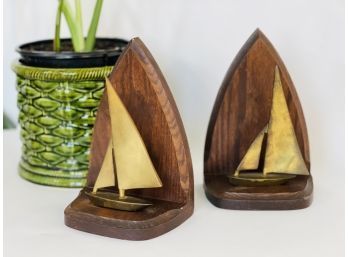 1970s Walnut And Brass Sailboat Bookends