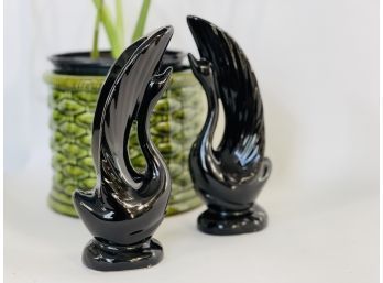 Pair Of Black Ceramic Post Modern Swan Decor