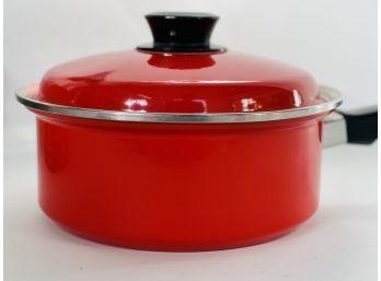 Vintage Red Enameled Pot With Lid