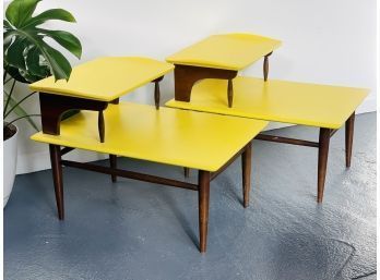 Pair Of Funky Solid Wood Painted Yellow 2 Tier Mid Century Modern End Tables