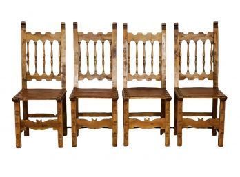 Set Of 4 Vintage Spanish Medieval Style Wood & Leather Dining Chairs