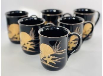 Vintage Otagiri Black With Gold Seashell Mugs (Japan) Set Of 6