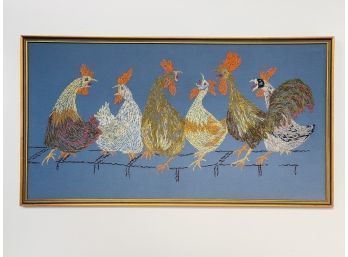 Large Vintage Chickens Needlework Framed Art