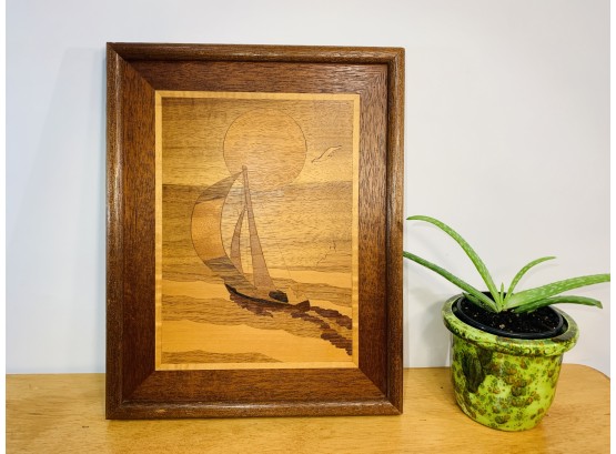 Vintage Wood Inlay Sailboat Scene Marquetry Wall Art