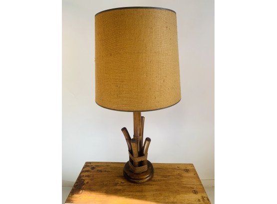 Vintage Bamboo Tiki Style Lamp With Original Burlap Shade