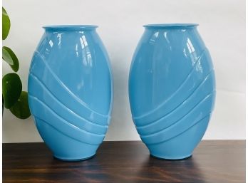 Pair Of XL 1980s Vintage Blue Glass Floor Vases