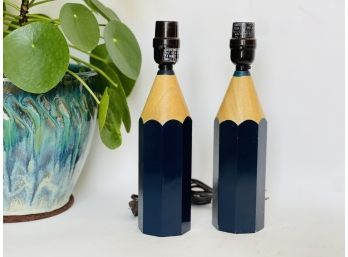 Pair Of Vintage Blue Pencil Desk Or Table Lamps.