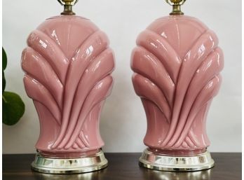 1980 Pair Of Art Deco Style Pink Glass Table Lamps