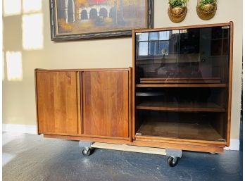 Vintage Walnut & Smoked Glass Tall Media Cabinet And Record Cabinet (2 Pieces)