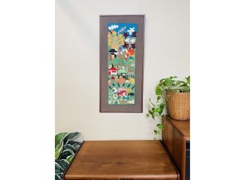 Large Vintage Handmade Quilted Wall Art On Burlap With Teak Frame