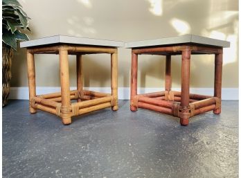 Pair Of Vintage Rattan Tiki Cocktail Tables Or Plants Stands