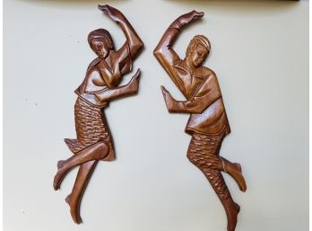 Mid Century Pair Of Carved Wood Dancing Friends Wall Plaques