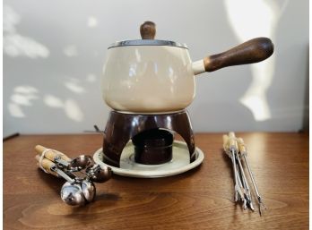 Vintage Enameled Fondue Pot And 2 Sets Of Untensils