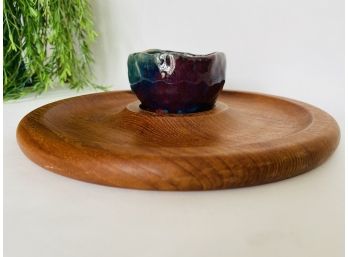 Vintage Kalmar Designs Teak Chip & Dip Board With Pottery Dip Dish