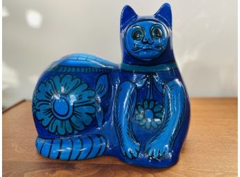 Large Vibrant Blue Pottery Cat Decor (Mexico)
