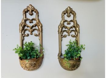 Pair Of Vintage Gold Wall Plaque Planters By Home Interiors & Gifts (Carrollton, Texas)