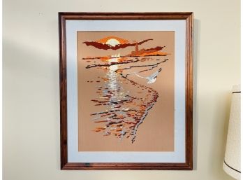 1970s Needle Work Sunset Framed Wall Art