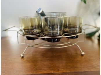 Vintage Smoked Glass Cocktail Set In Glass Rack