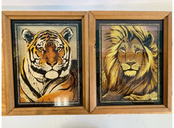 Vintage LULU's 1970s Painted Lion And Tiger On Glass Wall Art