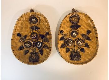 Vintage 1970s Boho Woven Flower Wall Hanging Plaques