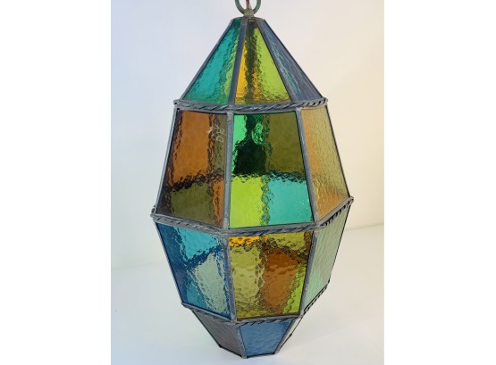 HUGE Vintage 1970s Stained Glass Chandelier Or Pendant Lighting