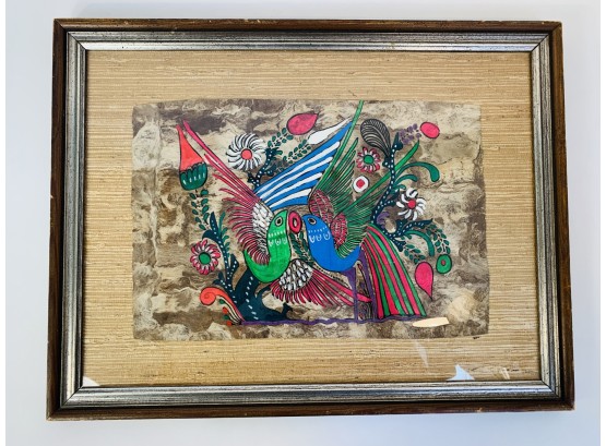 Vintage Mexican Folk Art Love Birds Framed Art