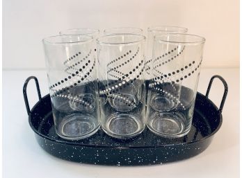 Vintage Black & White Dot Swirl Glasses & Enamel Tray