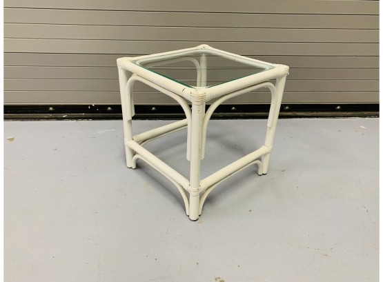 White Bamboo Side Table With Glass Top