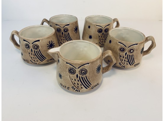 Vintage Ceramic 'Nite Owl' Mugs And Creamer Set