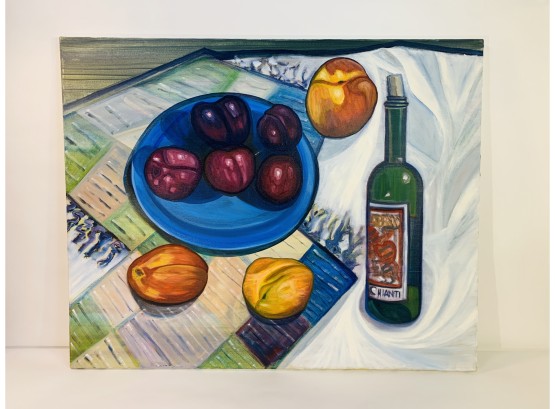 Large Vibrant Wine And Fruit Acrylic Painting, Unsigned.