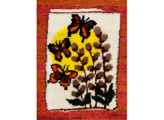 1970s Butterfly And Pussy Willows Latch Hook Wall Art Rug