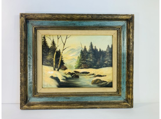 1973 Winter Scene Painting In Dramatic Frame Signed Russel May