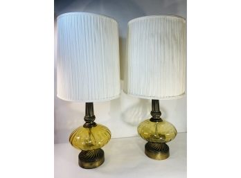 Pair Of Gorgeous Mid Century Large Vintage Lamps With Amber Glass Bases And Shades