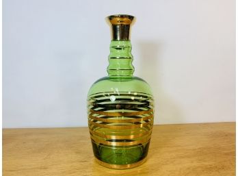 Mid Century Green Glass Decanter With Gold Stripes, Made In Romania