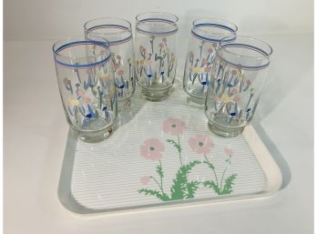 Vintage Flowered Glasses Set Of 5 With Susan Reed Tray