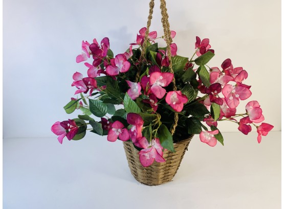 Faux Pink Flowers Hanging Wicker Basket