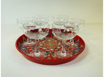 Vintage Coupe Cocktail Glasses With Modern Tin Cocktail Tray Set
