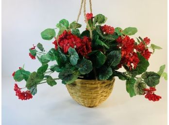 Faux Hanging Red Flowers Wicker Basket