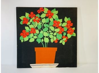 Vintage Stretched Screen Print Pot Red Flowers