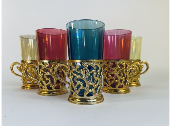 Vintage Multicolor Cocktail Glasses With Gold Colored Base.