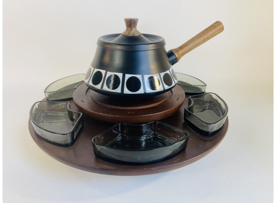 Vintage Wood Lazy Susan With Smoked Glass Snack Dishes & MCM Fondue Pot (Japan)