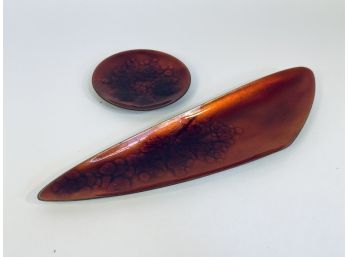Mid Century Modern Red Enameled Copper Dishes Signed Kareka.