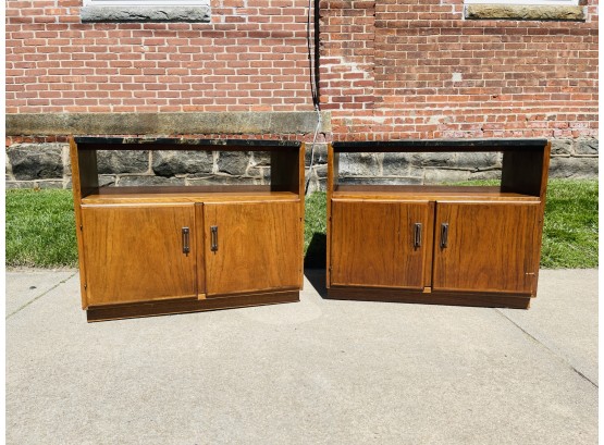 Pair Of Mid Century Modern Walnut And Stone Night Stands