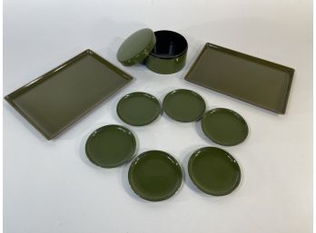 Mid Century Modern Avocado Green Coaster Set And Drink Trays By OMC (Japan)