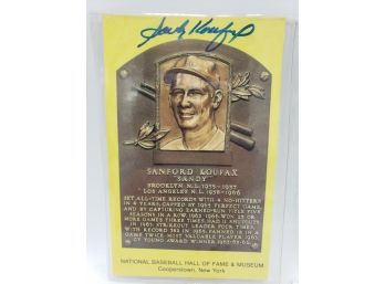 Sandy Koufax Autographed National Baseball Hall Of Fame And Museum Postcard Plaque Card
