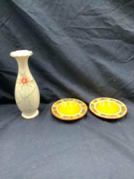 Floral Bud Vase And Two Italian Pottery Plates