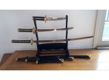 Very Cool Set Of Three Swords With Sheaths And Wooden Holder