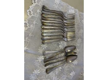 Vintage Lot Of Simeon L & George H Rogers Silverware On Lace
