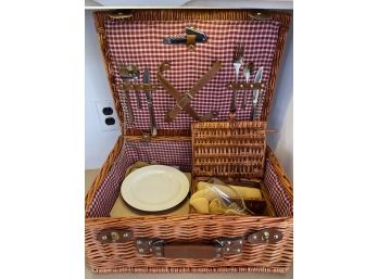 Picnic Basket With Wine Glasses, Plates, Utensils And Corkscrew